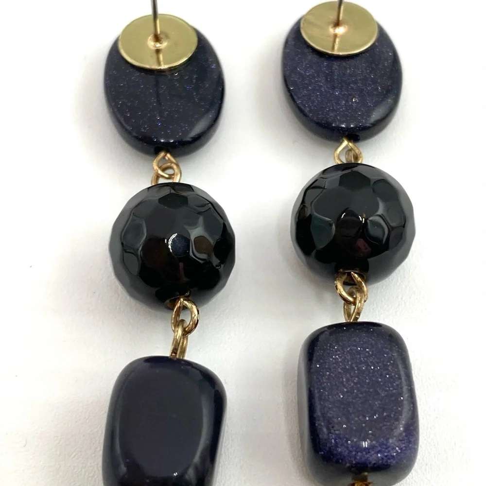 Earrings Artisan Stone ? Beaded Dark Navy Gold Specks Heavy 4”